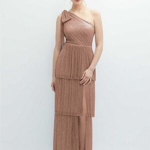 DESSY RUFFLE EDGE ONE-SHOULDER METALLIC PLEATED MAXI DRESS IN METALLIC SIENNA